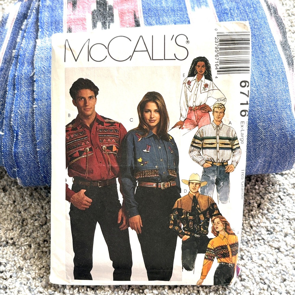 McCalls 6716 Pattern western shirts, 6 views, XL (42-44) UNCUT 3 yards material